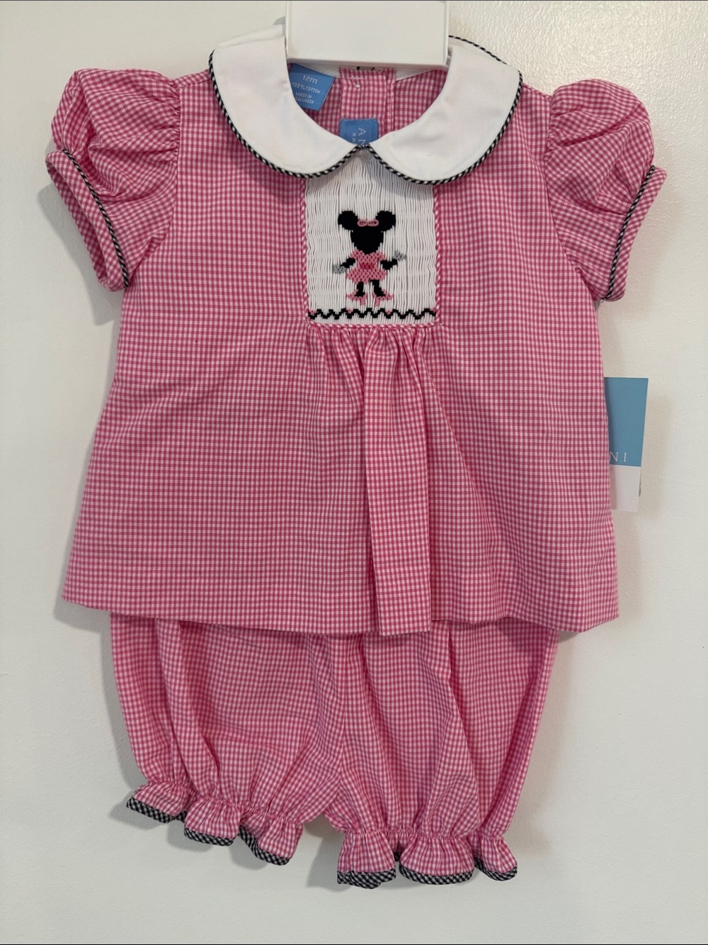 Pink Gingham Smocked Mouse Two-Piece Kids Matching Set